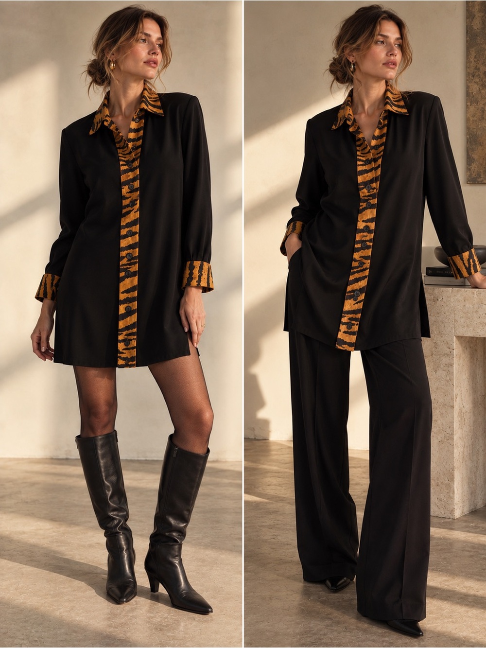 ‘80s Silk Crêpe Tiger Trim Tunic Mini Dress - Picture 16 of 16